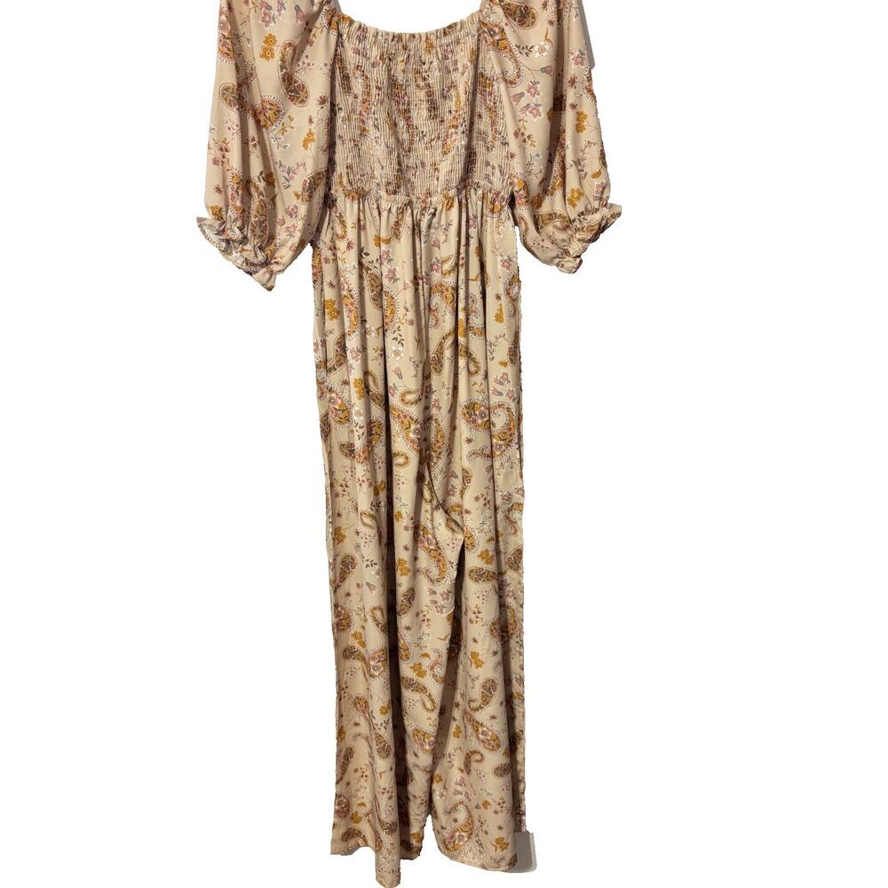 Three Bird Nest Jumpsuit Womens Small Beige Bohemian Paisley‎ Print Puff Sleeve - Picture 4 of 8